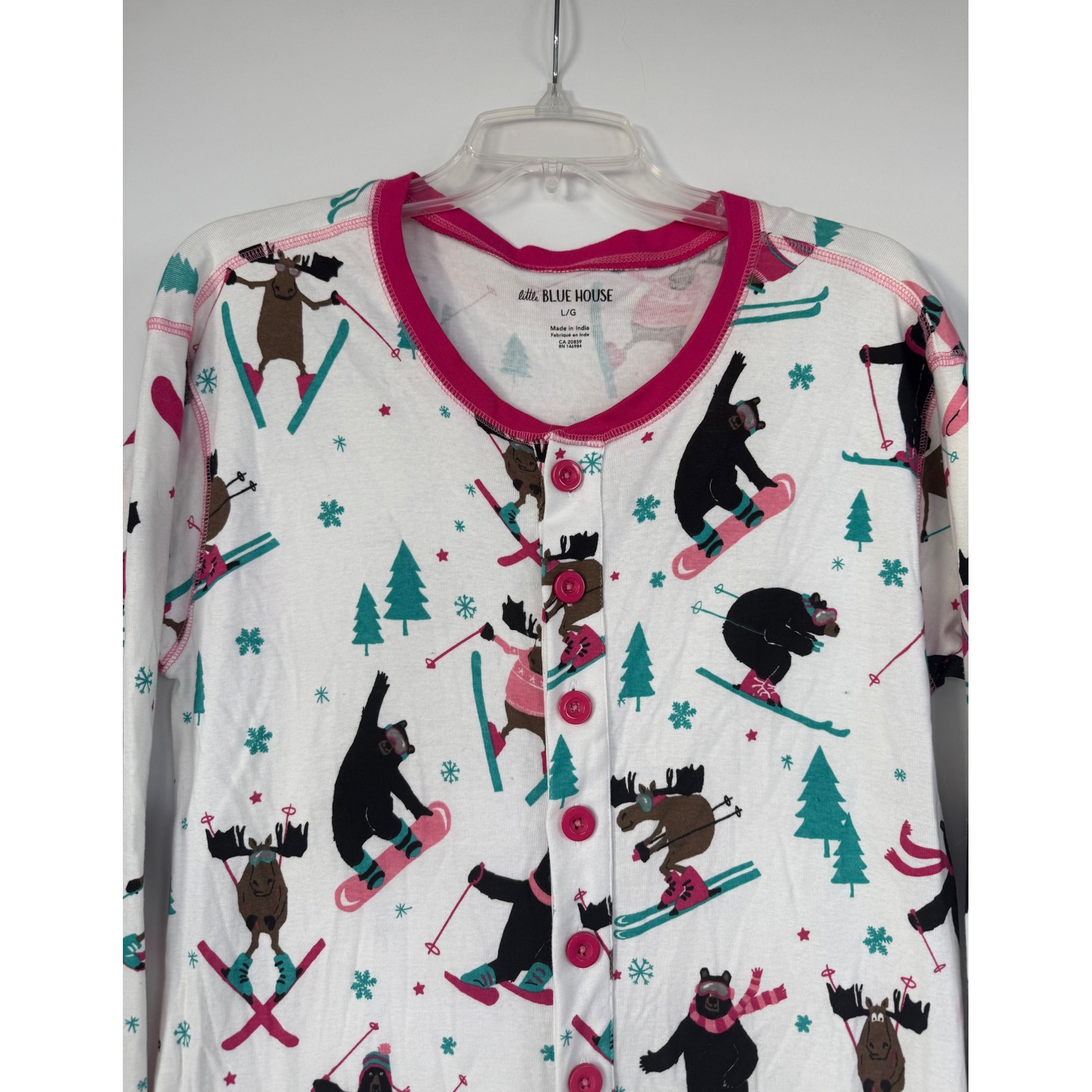 Hatley Little Blue House Ski Bum Moose Bear Women's L One Piece Pajama Sleepwear